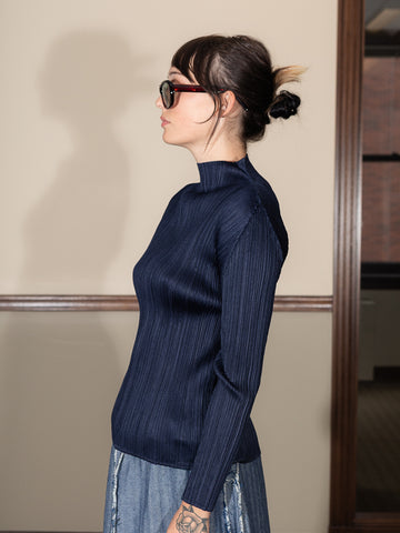 Issey Miyake Classic Long Sleeve Mock Neck Top, Navy