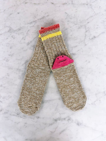 Kapital 60 Yarns Rainbowy Happy Heel Hold Socks, Beige x Pink