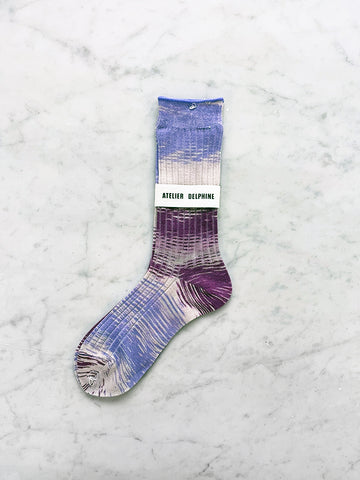 Atelier Delphine Ribbed Kasuri Sock, Purple Sky