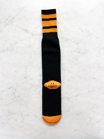 Kapital 144 Yarns Smile Embroidered Knee-High Skater Socks, Black x Orange